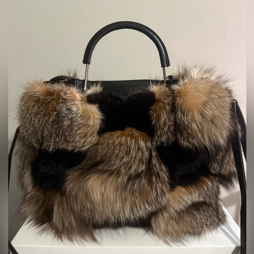Luxury real crystal fox fur and black mink fur satchel